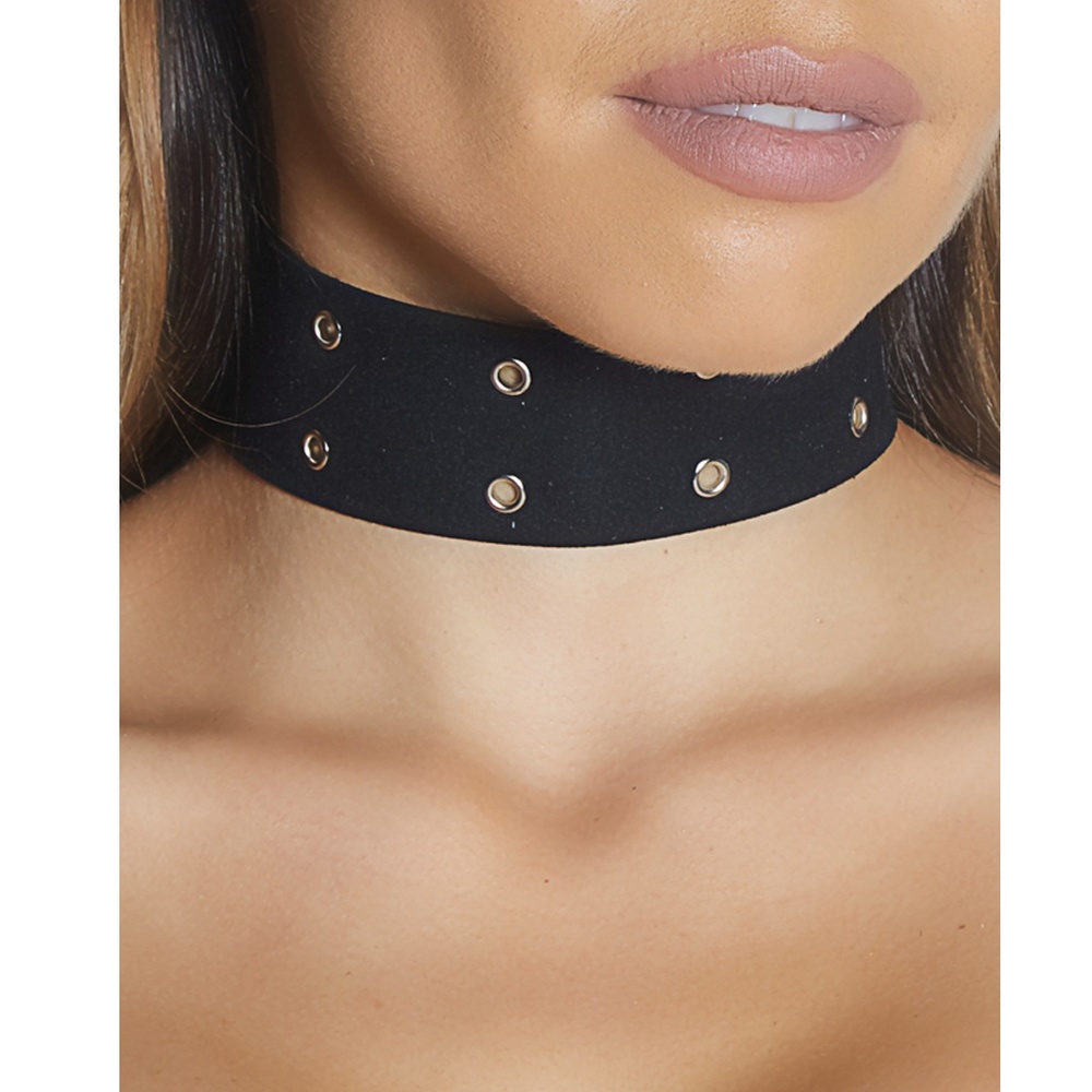 Faux Suede Lace Up Choker Necklace with Grommet Detail Black